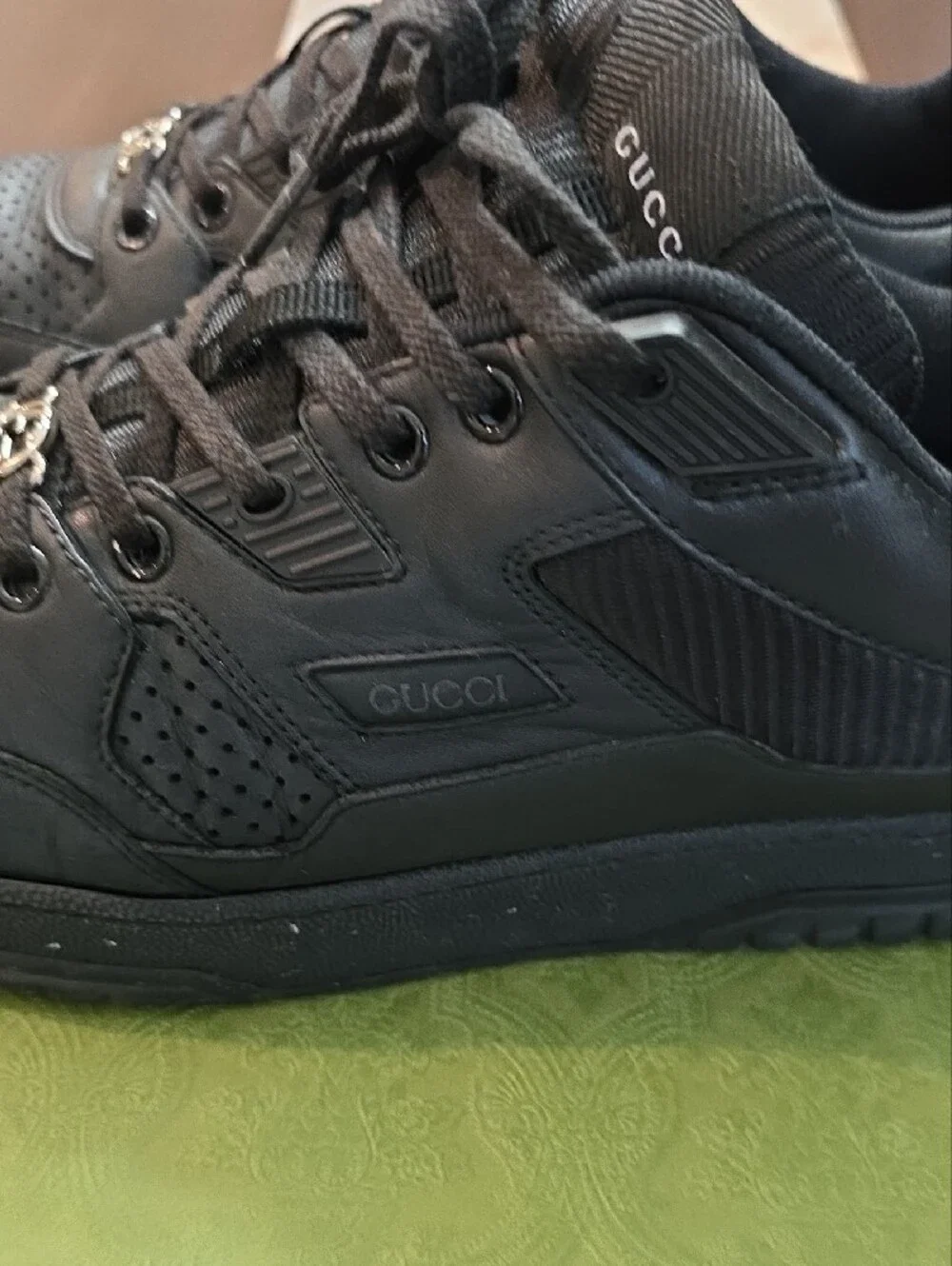 Gucci Men’s Black Leather Sneakers with Silver Double G Hardware